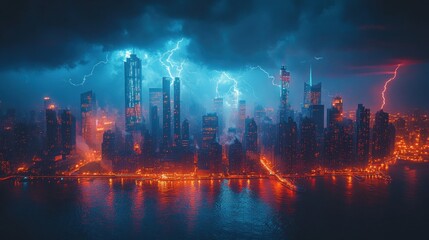 Fototapeta premium A dramatic city skyline illuminated by lightning and fiery lights under a stormy sky.