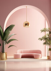 Modern living room interior in pastel pink color with sofa and green plants.