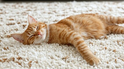 Fototapeta na wymiar Cute ginger cat resting peacefully on soft textured carpet at home