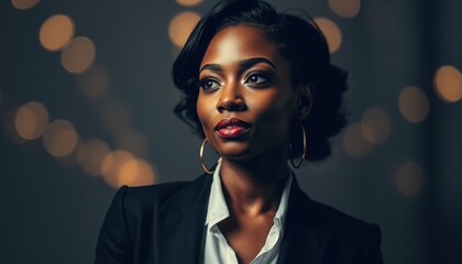 Elegant woman with captivating gaze adorned in formal attire against a backdrop of soft glowing lights