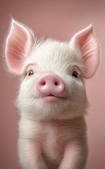 Fototapeta premium Adorable piglet close-up portrait against pink background.