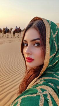 Enigmatic Desert Beauty: A Woman in Emerald Green