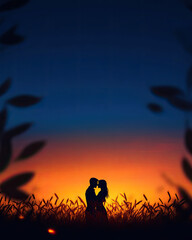Romantic sunset embrace open field photography nature side view love story
