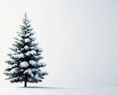 A snow-covered evergreen tree stands alone against a white background, creating a serene winter scene.