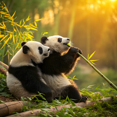 Obraz premium Two Pandas Sharing a Peaceful Moment in Nature