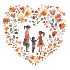 Beautiful mother and child holding hand with colorful wildflowers heart shape illustration for mother's day concept on transparent background