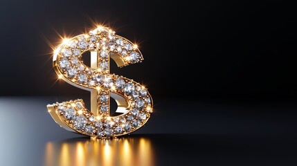 A sparkling golden dollar sign embellished with diamonds, set against a dark backdrop, symbolizing wealth and luxury.