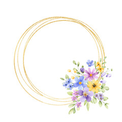 Gold frame border. with flowers. Watercolor hand painting floral wreath with place for text with bouquet. Isolated on white background.