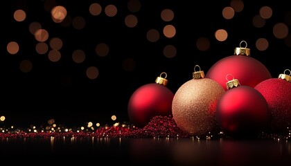 Obraz premium A festive display of red and gold Christmas ornaments against a dark background, creating a warm, holiday atmosphere.
