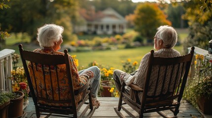 Senior couple relaxing on porch with view of house.