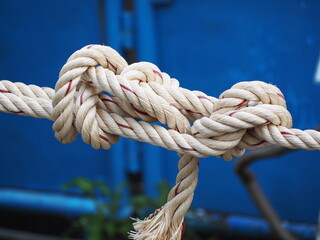 Close-up two ropes tied together. Two thick hemp ropes are joined to make a longer length. Close up of a knot. Thick ropes tied together in a knot for strength. Rope tied together on a blue background