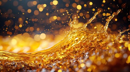 Naklejka premium Golden liquid splash with bokeh background. Ideal for beverage, luxury, or celebratory themes.