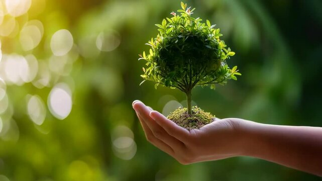 A hand holding a small tree with a green background. ESG Environmental, social, and governance, carbon reduction net zero and climate change