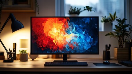 A miniature abstract artwork in bold reds and blues, framed in black, set on a sleek desk with modern office decor, illuminated by a soft desk lamp, hd quality, artistic and vibrant. --ar 16:9