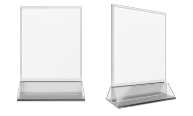 Table Blank Transparent Plastic Stand Holder for Menu Paper Calendar Card Isolated on White Background, 3d render