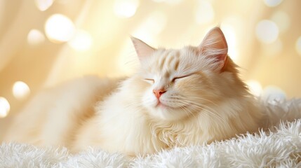 Obraz premium Relaxing White Cat with Closed Eyes on Soft Fabric in Cozy Warm Atmosphere