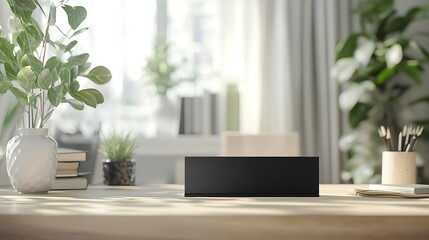 A minimalist black metal nameplate with engraved text, placed on a contemporary desk with neutral-toned decor, natural light enhancing the professional atmosphere, hd quality, sharp and modern.