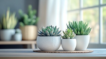 A minimalist arrangement of succulents in white ceramic pots, placed on a Scandinavian-style desk with clean lines and neutral decor, warm natural lighting creating a tranquil scene, hd quality,