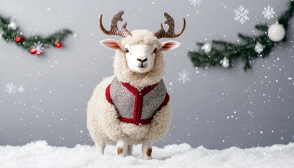 A festive sheep wearing a cozy vest with antlers stands in a snowy setting, surrounded by holiday decorations and falling snowflakes.
