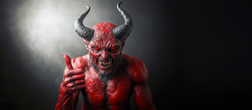 Optimistic red devil on dark background showing thumb up gesture, wishes us happy New Year 2025