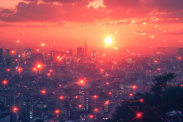 Obraz premium Smart city network connecting buildings with data at sunset