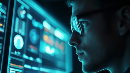 Focused IT Professional Using Digital Dashboard for Monitoring Data