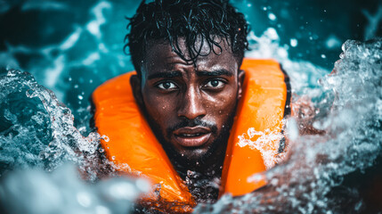 Desperate back man in red life vest drowning in open sea, tragic shipwreck victim