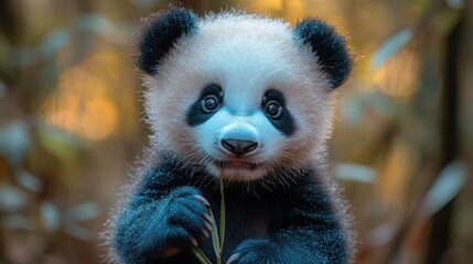 Obraz premium Adorable baby panda eating bamboo outdoors.