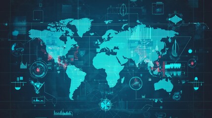 Digital Illustration of a World Map with Interactive Elements and Data