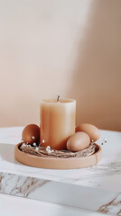 Elegant Easter flat lay composition. Still life of luxury Easter eggs. Modern holiday banner and Greeting card.