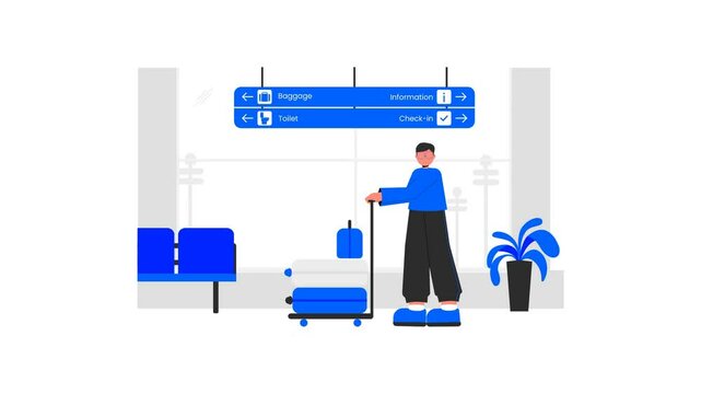 Animated of man is pushing a trolley towards the airplane baggage. Travel flat illustration concept. Travelling and airport flat illustration animation concept