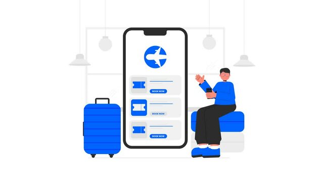 Animation of buying tickets online from phone. Travelling flat illustration concept for ui 