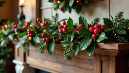 Pink and gold holly branches with berries adorn a wooden mantel, holly branches, holiday wreath, christmas mantel