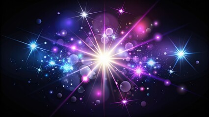 Minimalist vector illustration featuring glowing stars and sparkles on a black background, showcasing purple, blue, and white elements for eye-catching design accents.