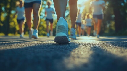 Runners feet, group jogging outdoors, sunny day, asphalt road.