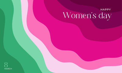Happy women's day 8 march abstract waves background with pink an green spring colours, celebration cover, wallpaper,  template, copy space, vector