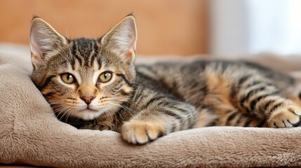 Fototapeta premium Charming Tabby Cat Relaxing Comfortably on Soft Blanket in Cozy Home Setting