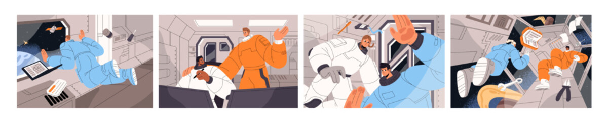 Astronauts are inside spaceship, rocket in cosmos set. Cosmonauts floating in zero gravity in spacecraft. Spacemen flying in ship, shuttle, International Space Station. Flat vector illustrations © Paper Trident