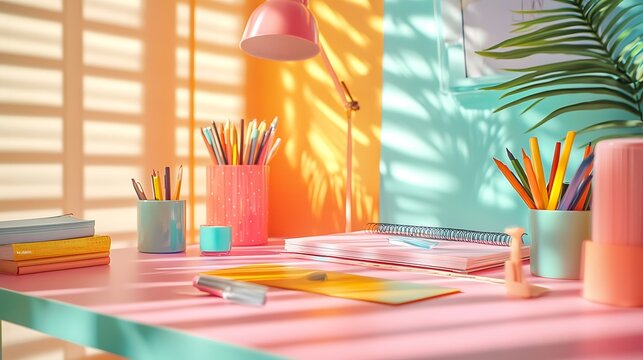 A playful acrylic nameplate with bright colors and quirky fonts, sitting on a vibrant desk with colorful stationery and soft natural light, hd quality, fun and cheerful. --ar 16:9