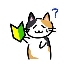初心者マークを持っている手書きの猫のイラスト