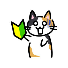 初心者マークを持っている手書きの猫のイラスト