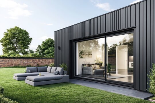 Fototapeta Modern home with black aluminum cladding, sliding glass doors, and a garden room.