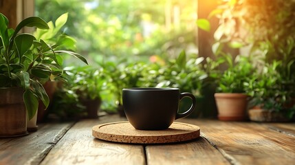 A round cork coaster with engraved botanical patterns, holding a ceramic coffee cup, set on a rustic wooden table surrounded by potted plants, warm sunlight highlighting natural textures, hd quality,