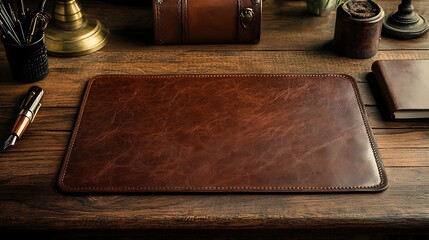 A rustic brown leather desk mat with natural imperfections, covering a wooden desk, paired with a fountain pen, a leather-bound journal, and vintage-inspired decor,