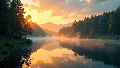 The morning sun rises over a peaceful forest lake, rise, landscape