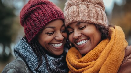 Two smiling women in winter hats and scarves embrace. Ideal for blogs, articles about friendship, and winter fashion.