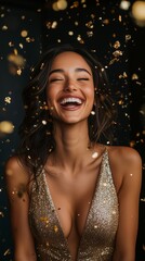 beautiful woman in her mid-20s, with dark brown hair and olive-toned skin, laughs heartily while surrounded by falling golden confetti against an elegant black background