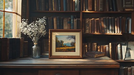 A rustic wooden photo frame with visible grain, showcasing a scenic nature photo, resting on a wooden desk surrounded by books and antique decor, warm sunlight enhancing the cozy vibe, hd quality,