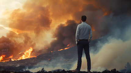 Obraz premium A business executive standing outdoors, looking out at multiple natural disasters approaching, including a flood, wildfire, landslide, and heavy smog from air pollution. The executive is holding a str