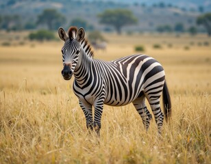 Naklejka premium Zebra grazing in the Serengeti savannah with vibrant wildlife scenery